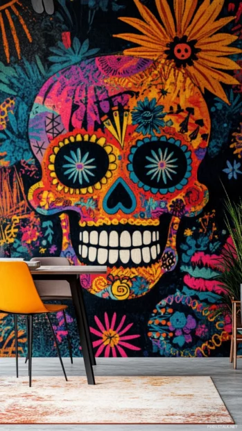 Festive and bold Mexican skull wallpaper decorated with fiesta symbols.