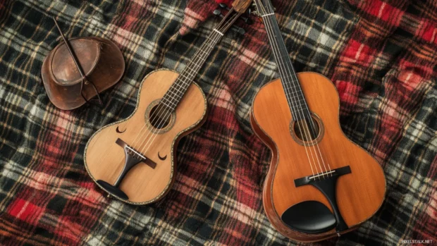 Fiddle and guitar crossed on a plaid picnic blanket.