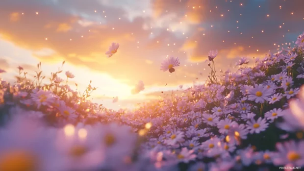 Field of blooming purple daisies under golden hour sunlight.