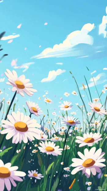 Field of daisies swaying under a soft breeze, minimalist lock screen scene.