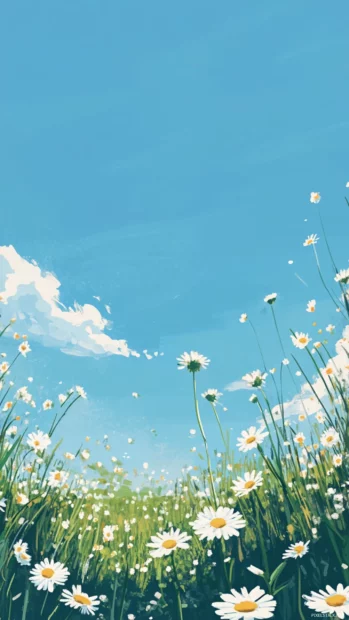 Field of daisies under a clear blue sky captured for lock screen.