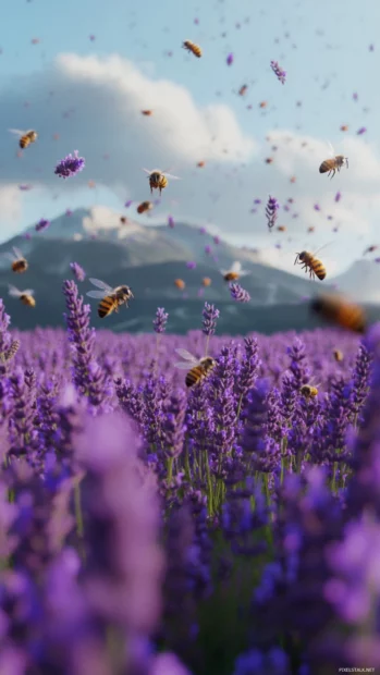 Field of lavender with bees in motion, animated effect imagined for lock screen.