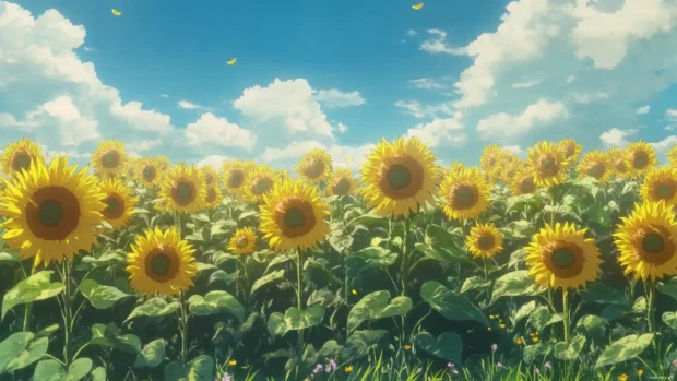 Field of sunflowers swaying in anime summer breeze.