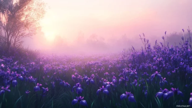 Field of wild purple irises under soft sun haze, used in aesthetic purple floral PC wallpaper collections.