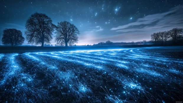 Fields of frost woven with glowing constellations.