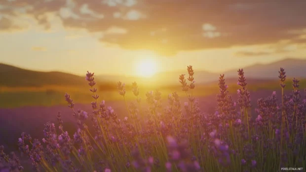 Fields of lavender swaying under a pretty golden afternoon sky.
