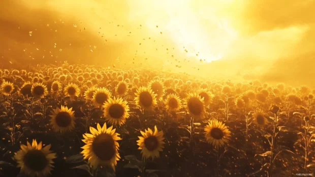 Fields of sunflowers turning toward a golden watercolor sky.