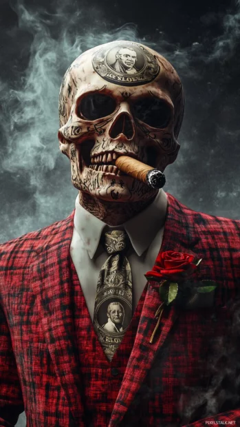 Fierce skull in a gangster suit, cigar in hand, with rose tattoos and money symbols engraved.