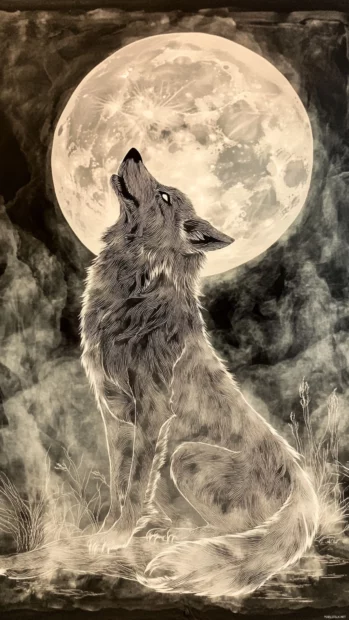 Fierce wolf outline glowing under a full moon with foggy accents.
