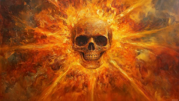 Fiery explosion with skull in the center, flames swirling in vibrant orange, red, and yellow hues.