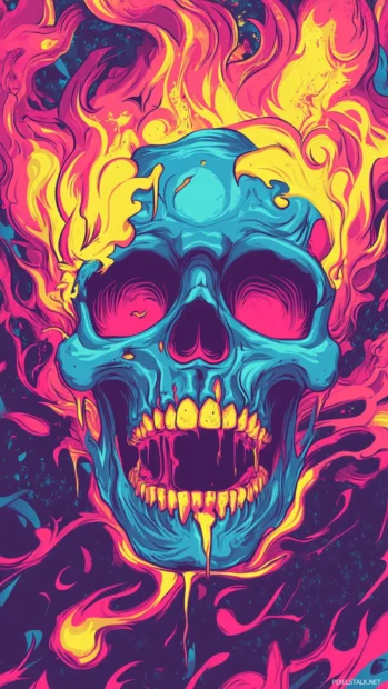Fiery neon skull engulfed in neon flames inspired by Neon skull flames wallpaper.