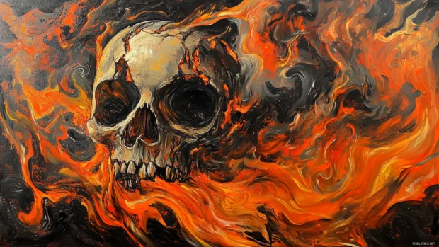 Fiery skull engulfed in orange and red flames, swirling for an intense, dramatic look.