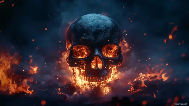 Fiery skull, fire waves, sparks, dark background, conveying destruction and heat.
