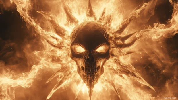 Fiery skull with jagged tendrils, flames and smoke swirling for a fierce, epic vibe.