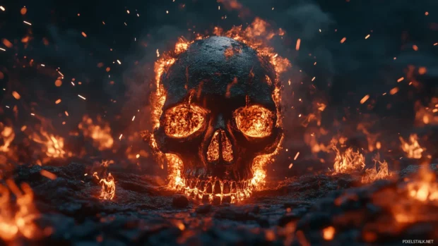 Fiery skull with waves of fire and sparks, dark backdrop, intense heat and destruction.