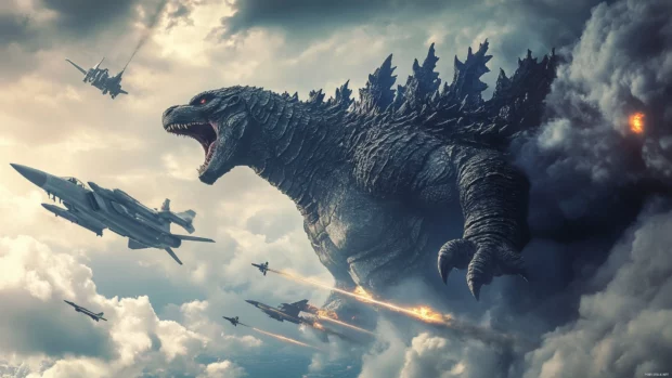 Fighter jets banking around Godzilla during a chaotic aerial battle.