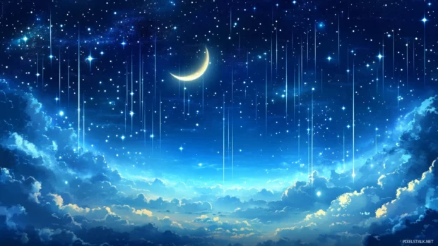 Filled with bright stars and subtle shooting stars streaking across the horizon, a serene night sky has a faint glow from a crescent moon adding to its beauty.