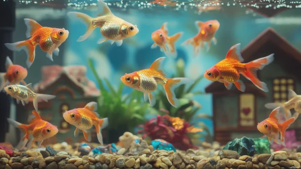 Filled with guppies, mollies, and tetras and surrounded by a variety of lush green plants and small decorative ornaments is a lively fish tank.