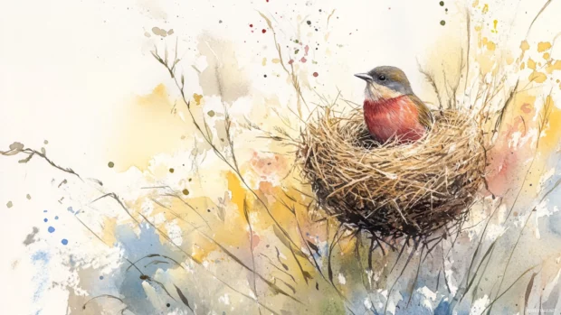 Finches building nests among watercolor meadow grasses.