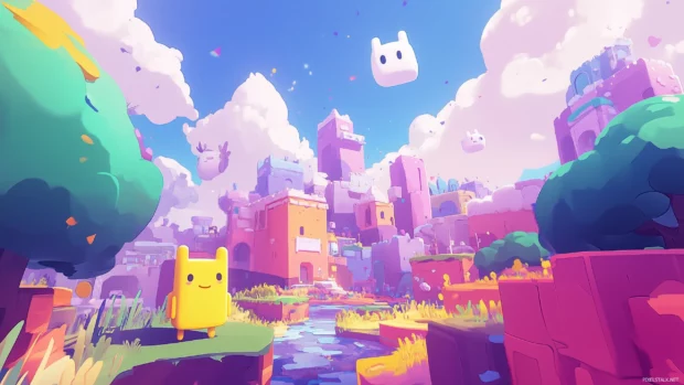 Finn and Jake from Adventure Time exploring the Land of Ooo, filled with magical creatures and vibrant landscapes, with the Cartoon Network logo at the top.