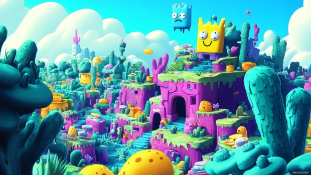 Finn and Jake in the Land of Ooo, magical creatures, vibrant landscapes, Cartoon Network logo at top.