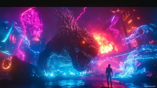 Fire and neon battle beneath Godzilla and an unseen enemy.
