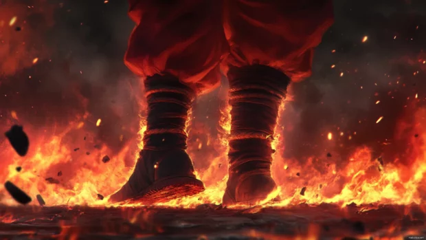 Fire crackles around Gokus boots as he stands over a defeated enemy.