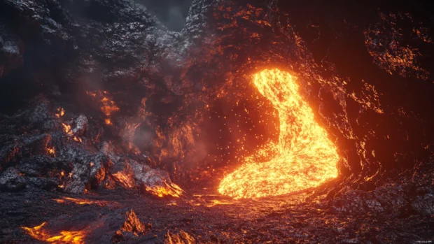 Fire elemental roaring in a cave of obsidian and lava.