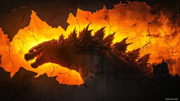 Fire illuminating Godzillas shape behind a cracked building.