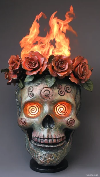 Fire lit skull with spiral cheek symbols and rose crown.