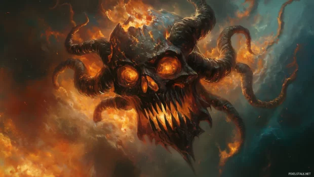 Fire skull, jagged fiery tendrils, flames and smoke, epic and fierce backdrop.