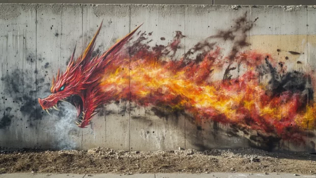 Fireball dragon bursting from smoky tags on concrete.