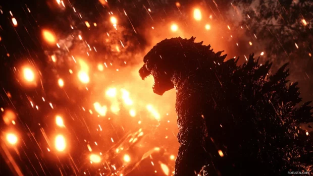 Fireballs raining down as Godzilla charges toward camera.