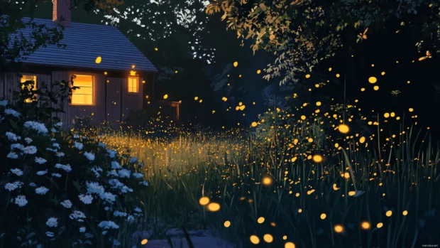 Fireflies dancing over a quiet backyard, evoking the nostalgia of summer nights.