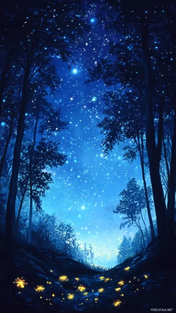 Fireflies dancing under rising blue stars.