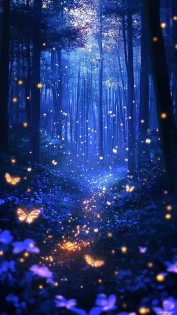 Fireflies glowing above pretty twilight forest.