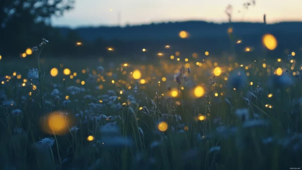Fireflies glowing above pretty twilight meadow.