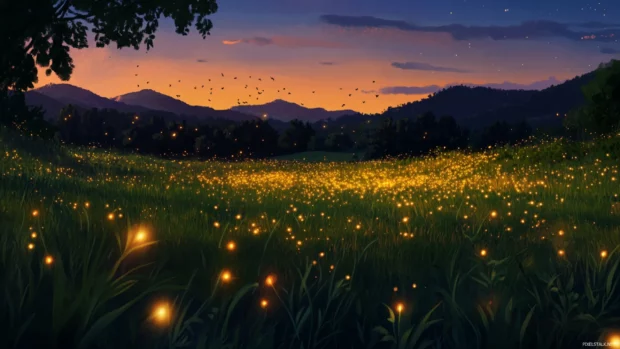 Fireflies light up a grassy field as twilight settles over the countryside.