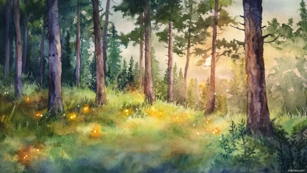 Fireflies twinkling in a watercolor forest clearing at dusk.