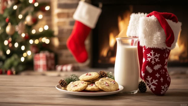 Fireplace with stockings, presents, and cookies for Santa, in a cute cartoon style.