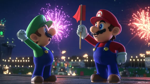 Fireworks burst behind Mario and Luigi after planting a flag at the end of the race.