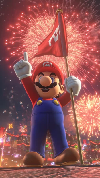 Fireworks burst behind Super Mario as he holds up a flagpole at the end of a stage.