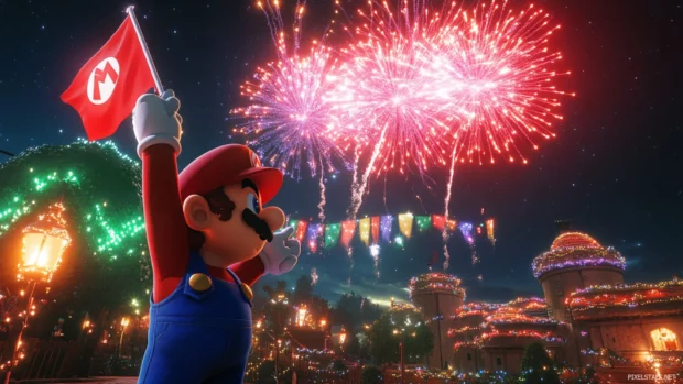 Fireworks burst in the air as the Mario Bros raise a flag after conquering another course.