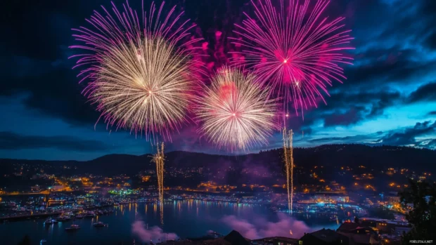 Fireworks bursting vibrantly over a city skyline at night.