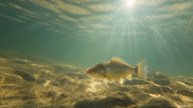 Fish swimming surface close, unique perspective, sun rays piercing, shimmering effects creating.