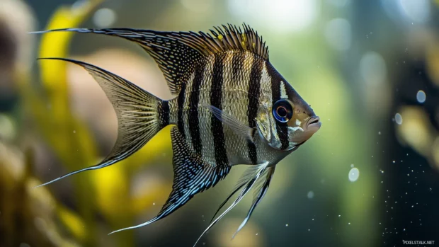 Fish tank close up, exotic angelfish neon tetras, coral and aquatic plants variety, water bubbles peaceful atmosphere.