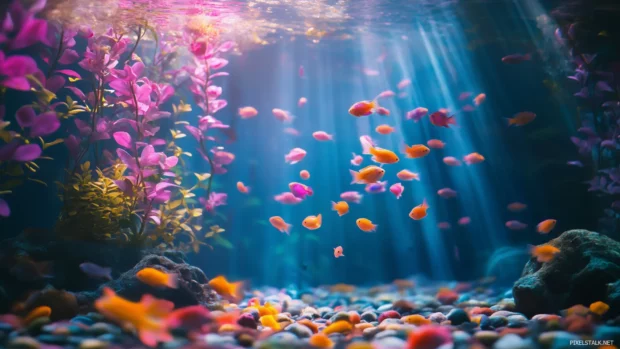 Fish tank filled with neon colored fish, futuristic LED lighting casting blue and purple hues over colorful rocks and plants.