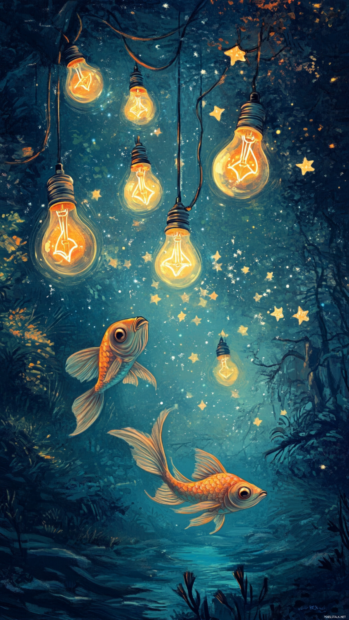 Fish with lightbulb heads swimming through a cartoon trippy sky of giggling stars.