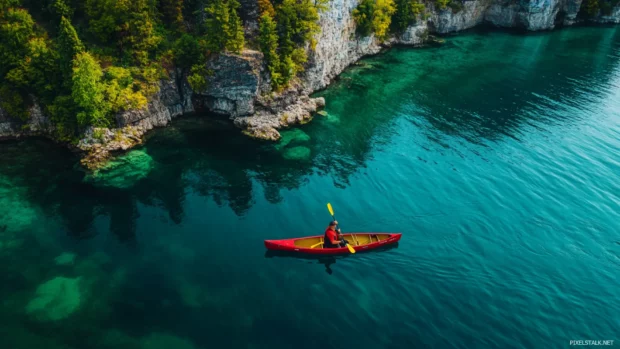 Fisherman on a canoe gliding through calm coastal waters.