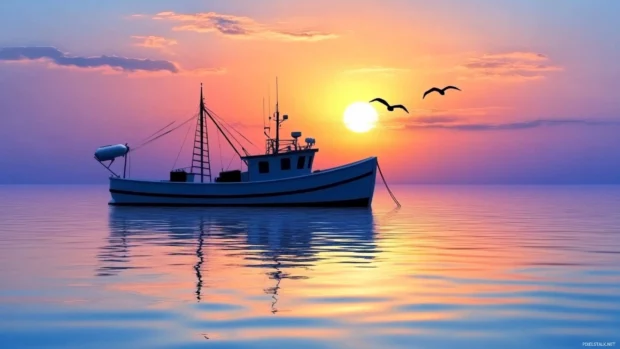 Fishing boat silhouetted against Beautifull Ocean sunset.